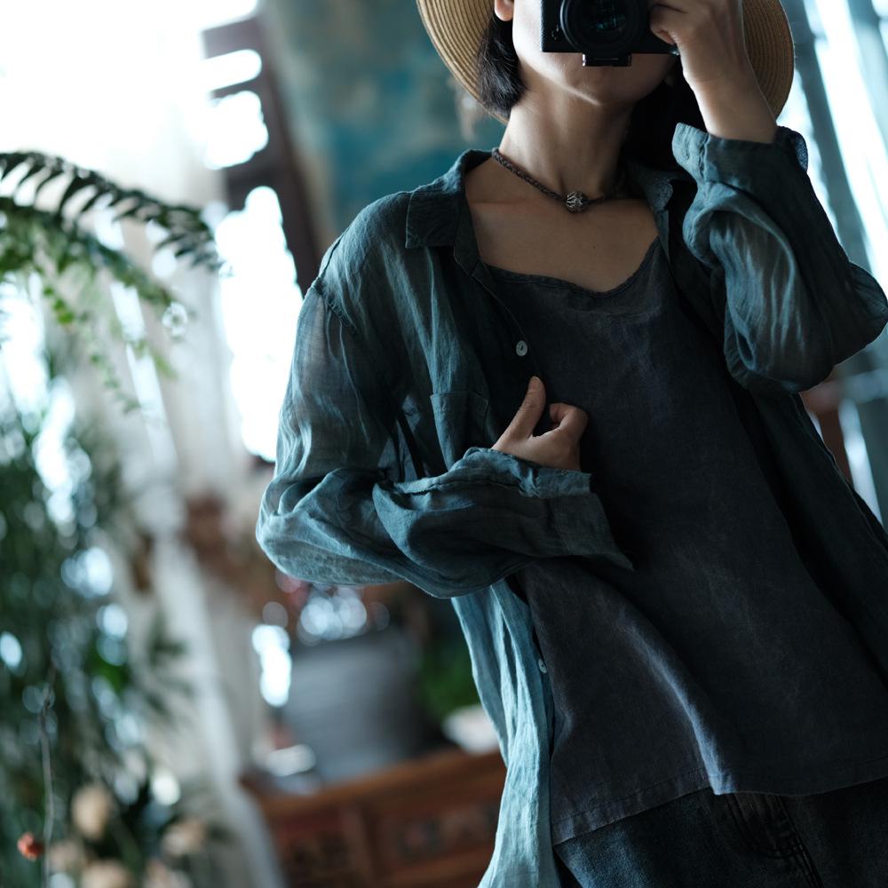 Luo Gu Ni Retro Washed Linen Loose Cardigan Shirt - Artistic Design, Light Shallow