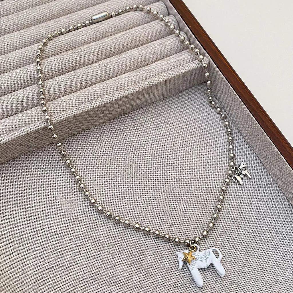 Funny Cute White Black Pink Color Enamel Colt Horse Pendant Necklaces for Women Alloy Beads Chain Chokers Fashion Jewelry