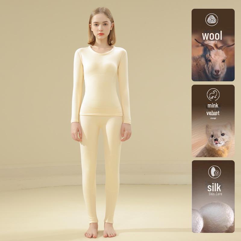 Women's Self-Heating Thermal Underwear Set - Double-Sided Plush, Seamless, Constant Temperature; Includes Top and Bottoms for Autumn.