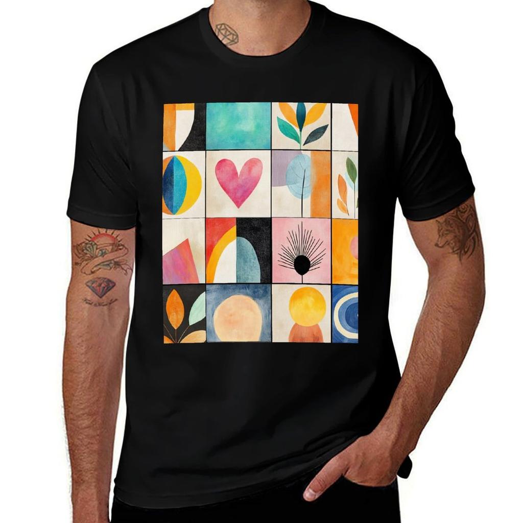 Midcentury Modern Geometry In Warm Colors Tshirt Breathable Basic Cotton Tshirt