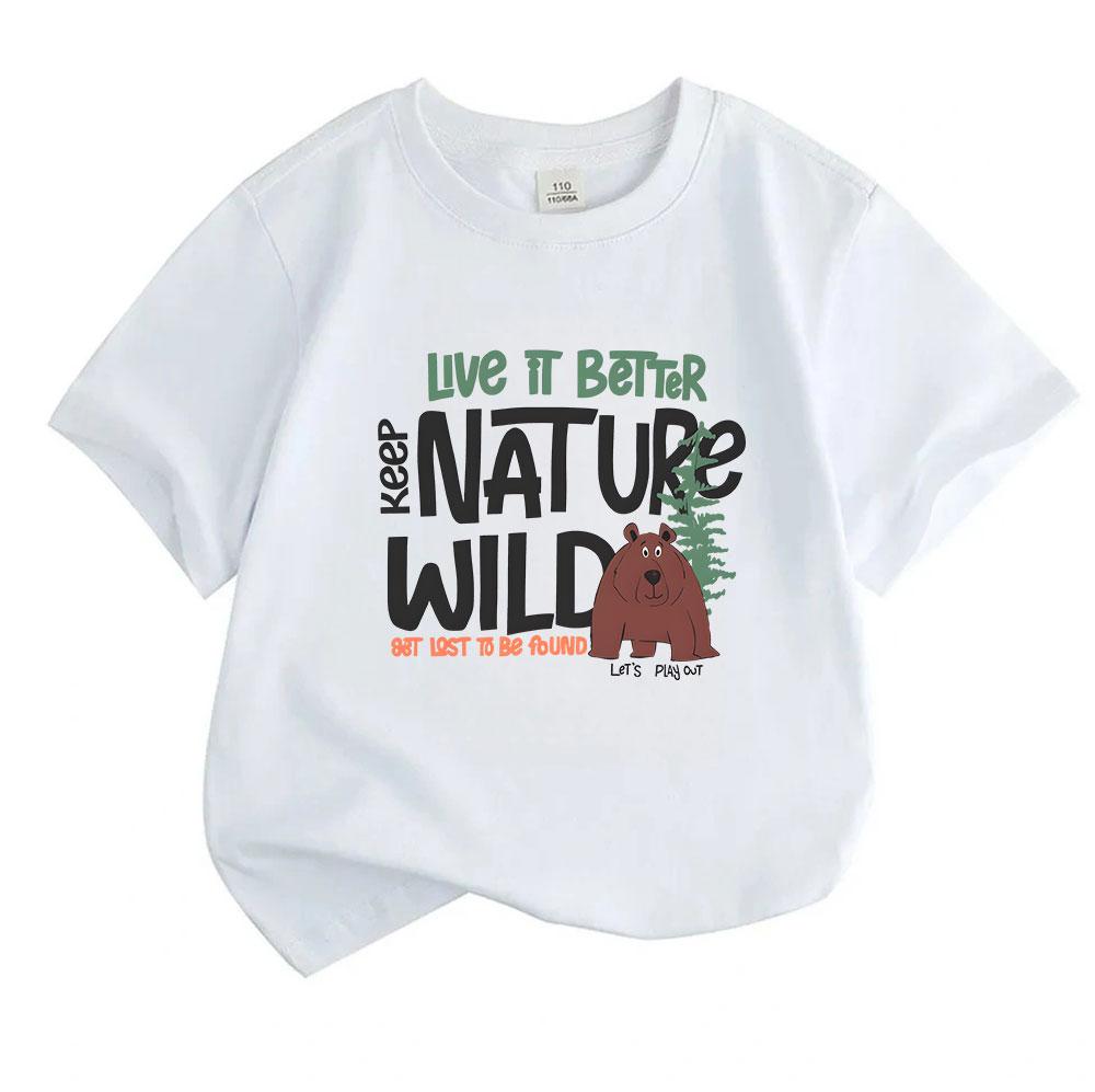 Kids Boys Girls 100% Cotton Crew Neck Short Sleeve T-Shirt, Keep Nature Wild Bear Pine Tree Print Casual Tees for Outdoor Hiking Nature Loving Childre