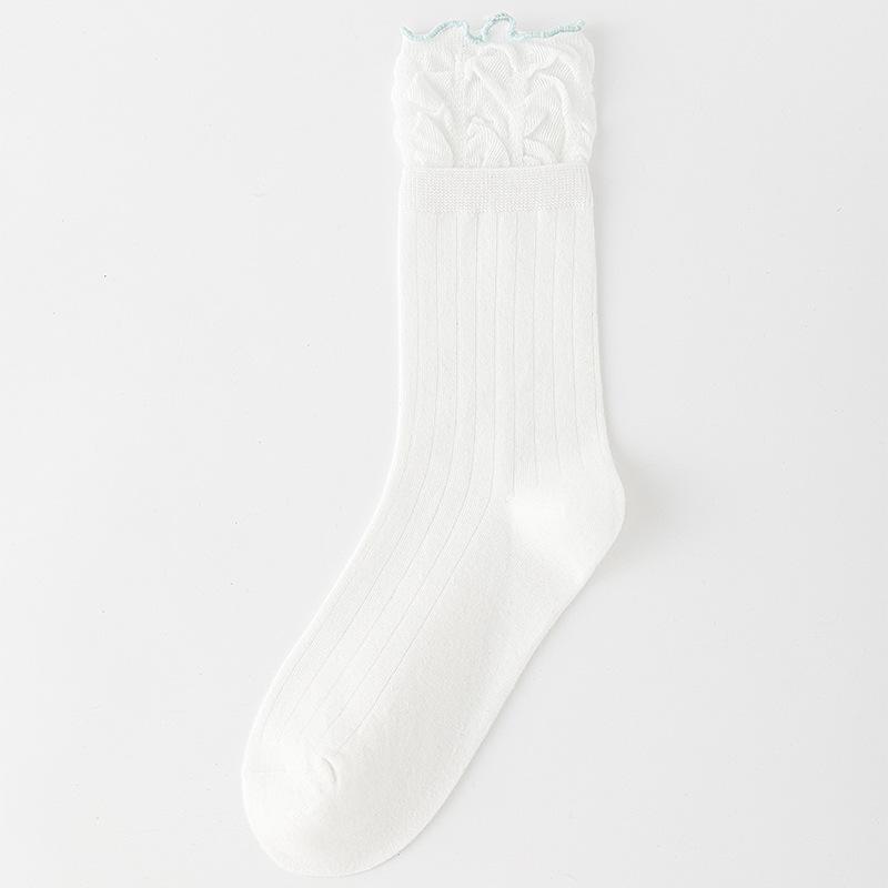

Женские весенне-осенние однотонные милые носки из хлопка с кружевом-рюшем 1 pair белый