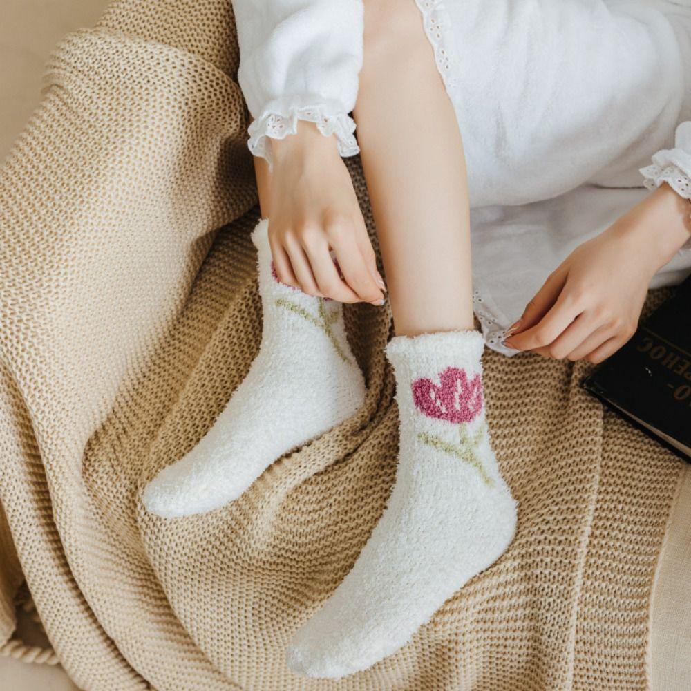 Warm Breathable Tulips Pattern Flower Sweet Ruffle Thick Female Socks Coral Velvet Korean Style Socks Middle Tube