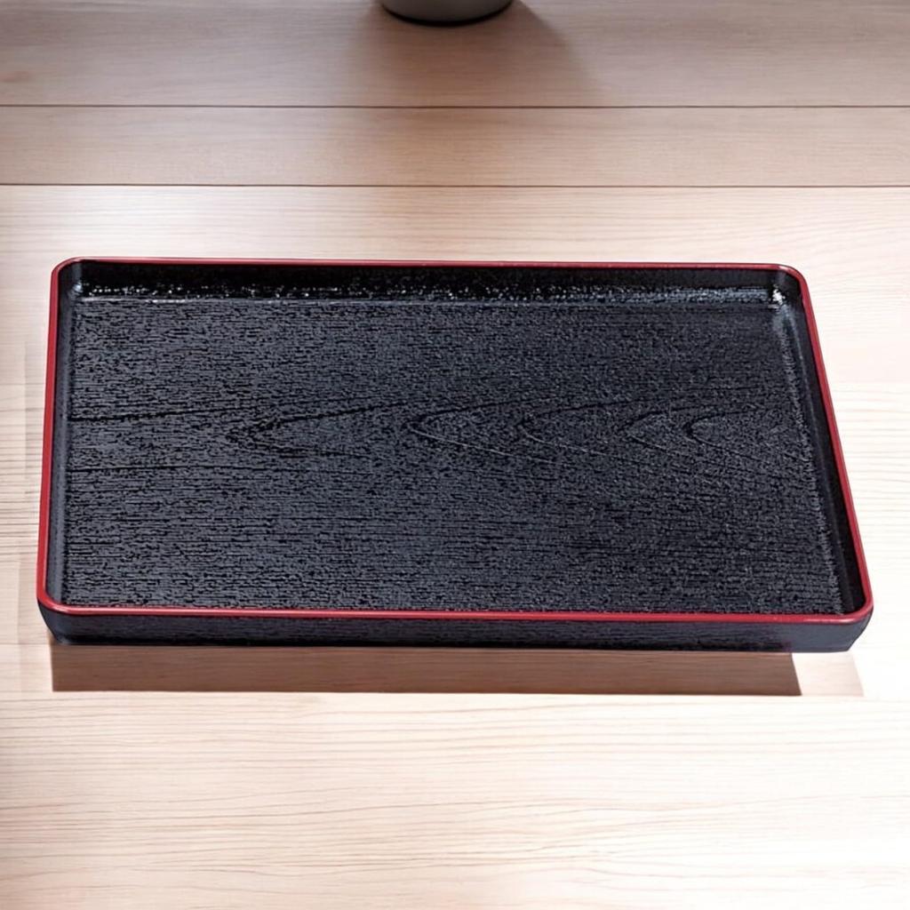 Oju Wood Grain Tray Black with Lacquerware Made in Japan J-kitchens (42cm), Red, (ABS Resin),