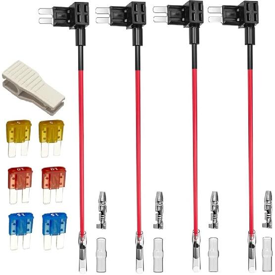 4pcs 12V-24V Add-a-Circuit Micro2 Fuse Tap, Piggy Back Blade Fuse Holder with Wire Harness, 6 pcs Micro 2 Fuse (5A 10A 15A) and Fuse Puller