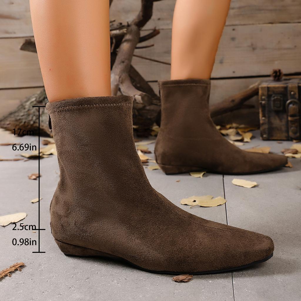 Foreign Elastic Skinny Boots Short Boots Women's Inner Height Increase 2025 Autumn New Pointed Suede Flat Bottom Fashion Naked Boots