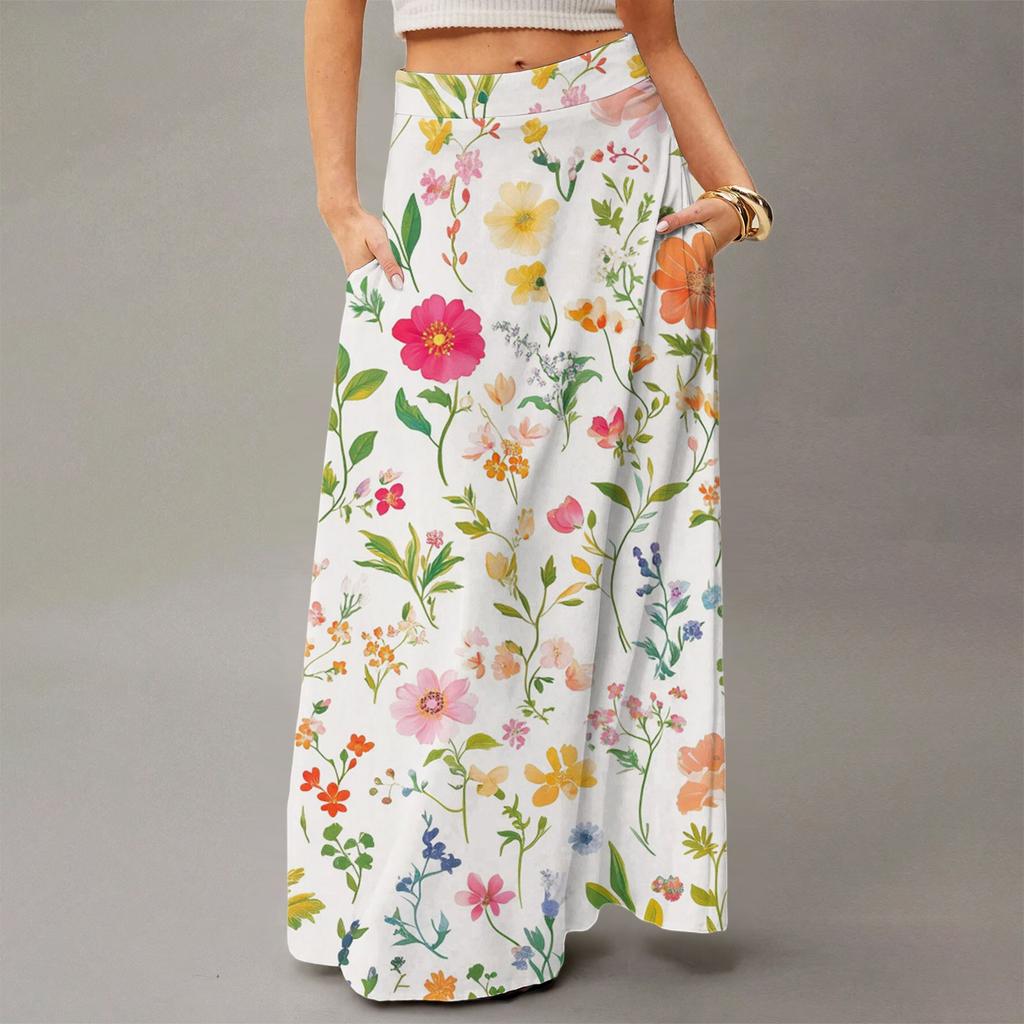 Damen Lässig Freizeit Faltbar Blumenmuster Hohe Taille Mit Tasche Drapierter Entspannter Langer Maxi-Rock