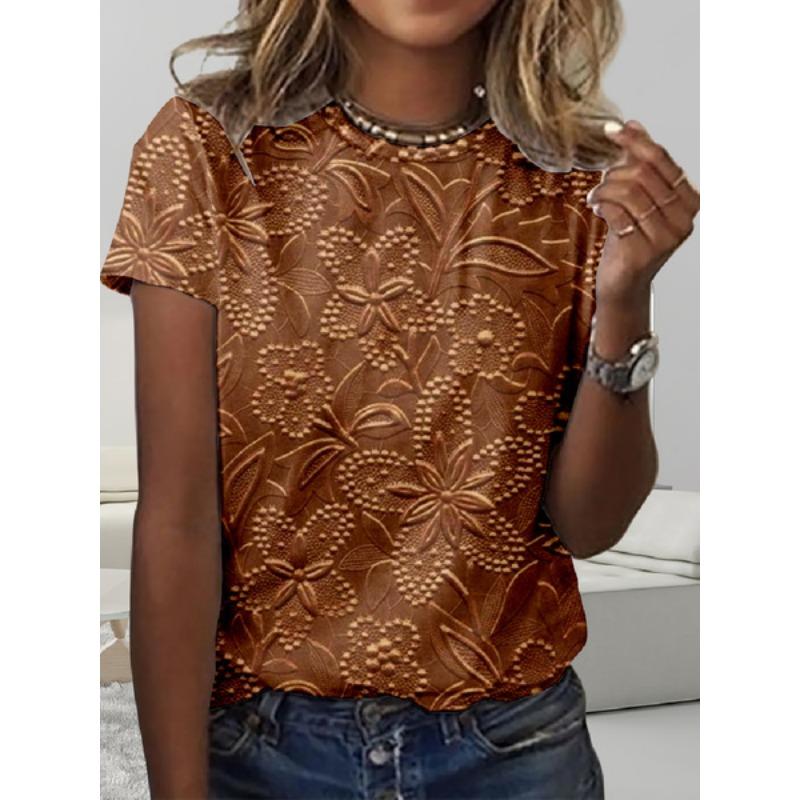Summer Round Neck 3D Flower Print Top Fashionable Casual Short Sleeved Women's T-shirts