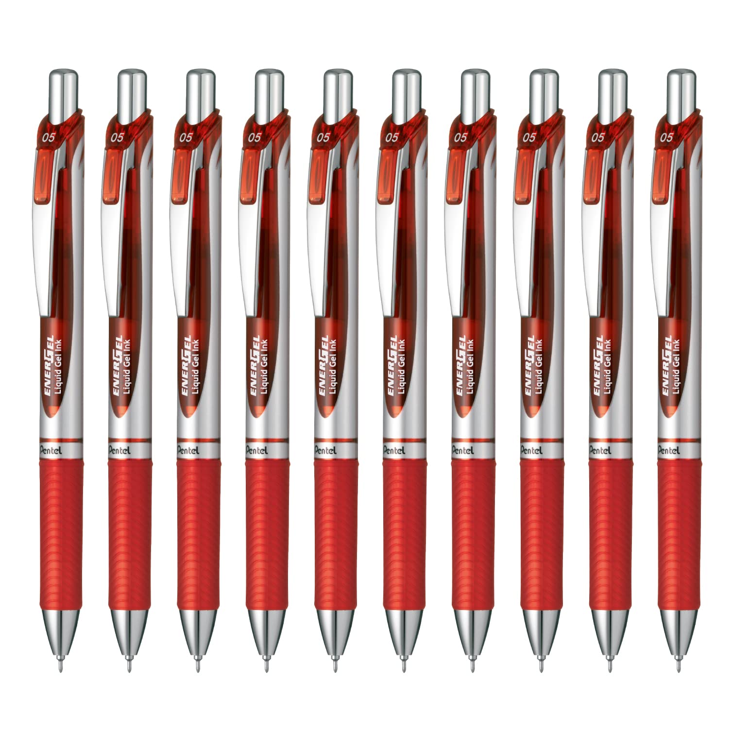 Pentel EnerGel Gel Ballpoint Silver 10 Pens Pen, Retractable, 0.5mm, Barrel, Red, красный