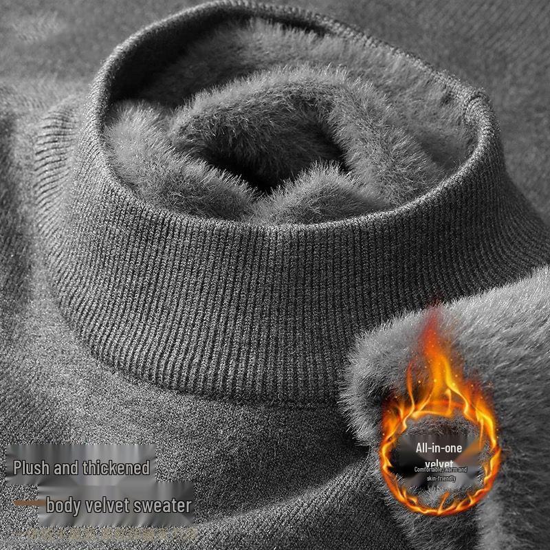 Pulover Tricotat pentru Bărbați, Mărimi Mari, cu Gât Înalt și Catifea Interioară - Îngroșat, Călduros, Casual, Strat de Bază pentru Iarnă