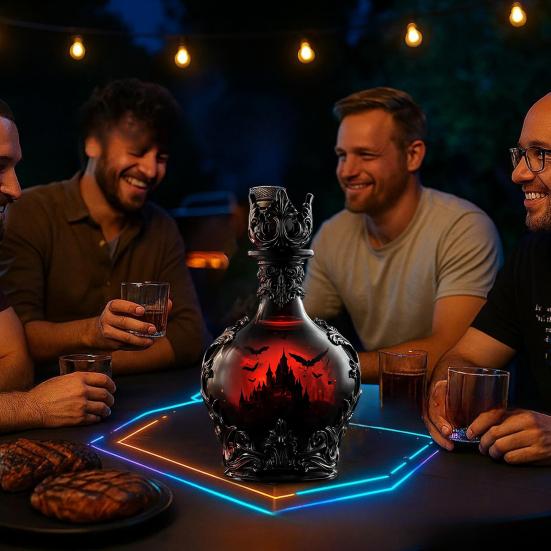 Gotický upírský skleněný dekantér na whisky, láhev na likér s designem netopýřího hradu, halloweenská barová dekorace na bourbon