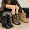 Women Ankle Boots 2026 Autumn Belt Buckle Fashion Pointed Toe Thick Heels Ladies Western Cowboy Boot Retro Leather Botas Mujer