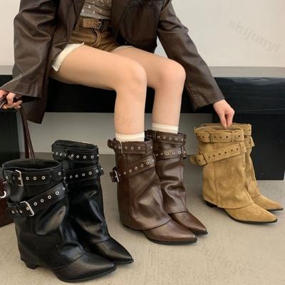 Women Ankle Boots 2026 Autumn Belt Buckle Fashion Pointed Toe Thick Heels Ladies Western Cowboy Boot Retro Leather Botas Mujer