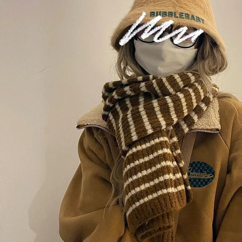Striped Knitted Wool Scarf Korean Style Women's Winter Pure Student Couple Warm Thickened Versatile Men's Neck Warmer