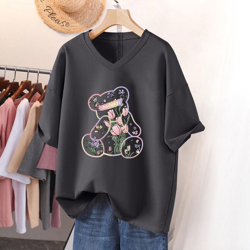 Short-sleeved T-shirt for Women, Large Size, Loose and Slimming, Printed V-neck Top