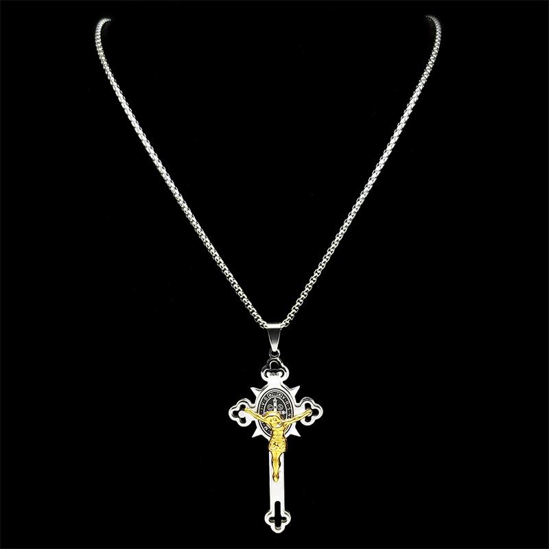 Saint Benedict Crucifix Cross Pendant Necklace for Men Women Stainless Steel CSPB INRI Jesus Crucifix Chains Jewelry NZZZ670S02