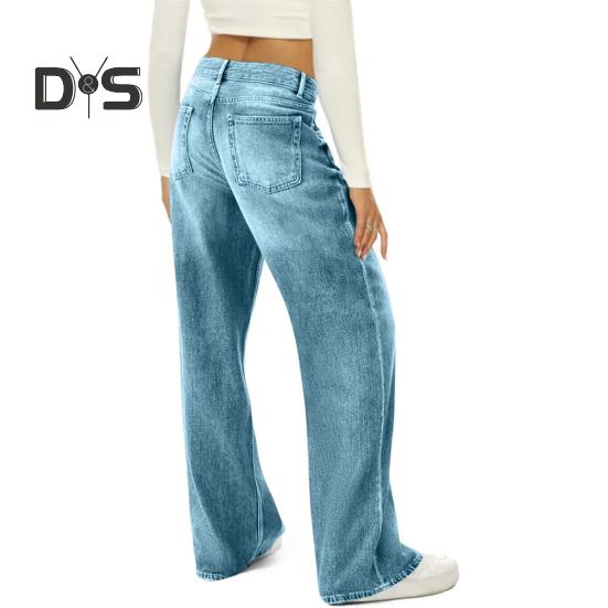 Pantalon large taille haute pour femme, imprimé 3D, décontracté, avec poches, fermeture éclair et boutons, en denim