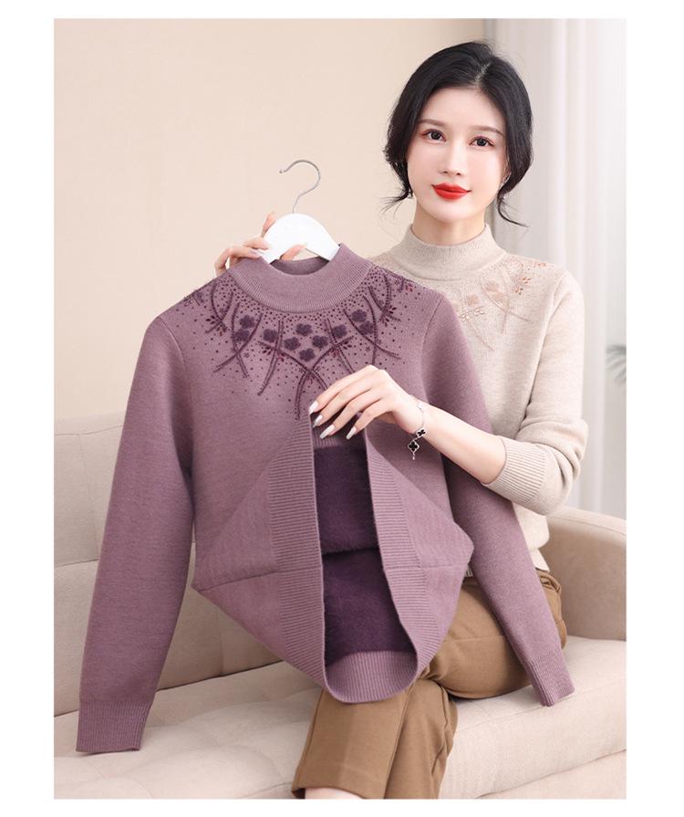 Mom's Fashionable Winter Fleece Sweater for Middle-Aged & Elderly Women: Plus Velvet, Thickened, Warm Base Layer Top