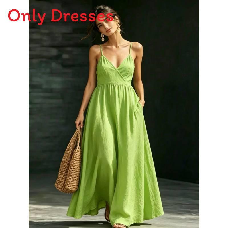 Polyester V Neck Sleeveless Dress With Pockets For Summer Casual And Beach Wear