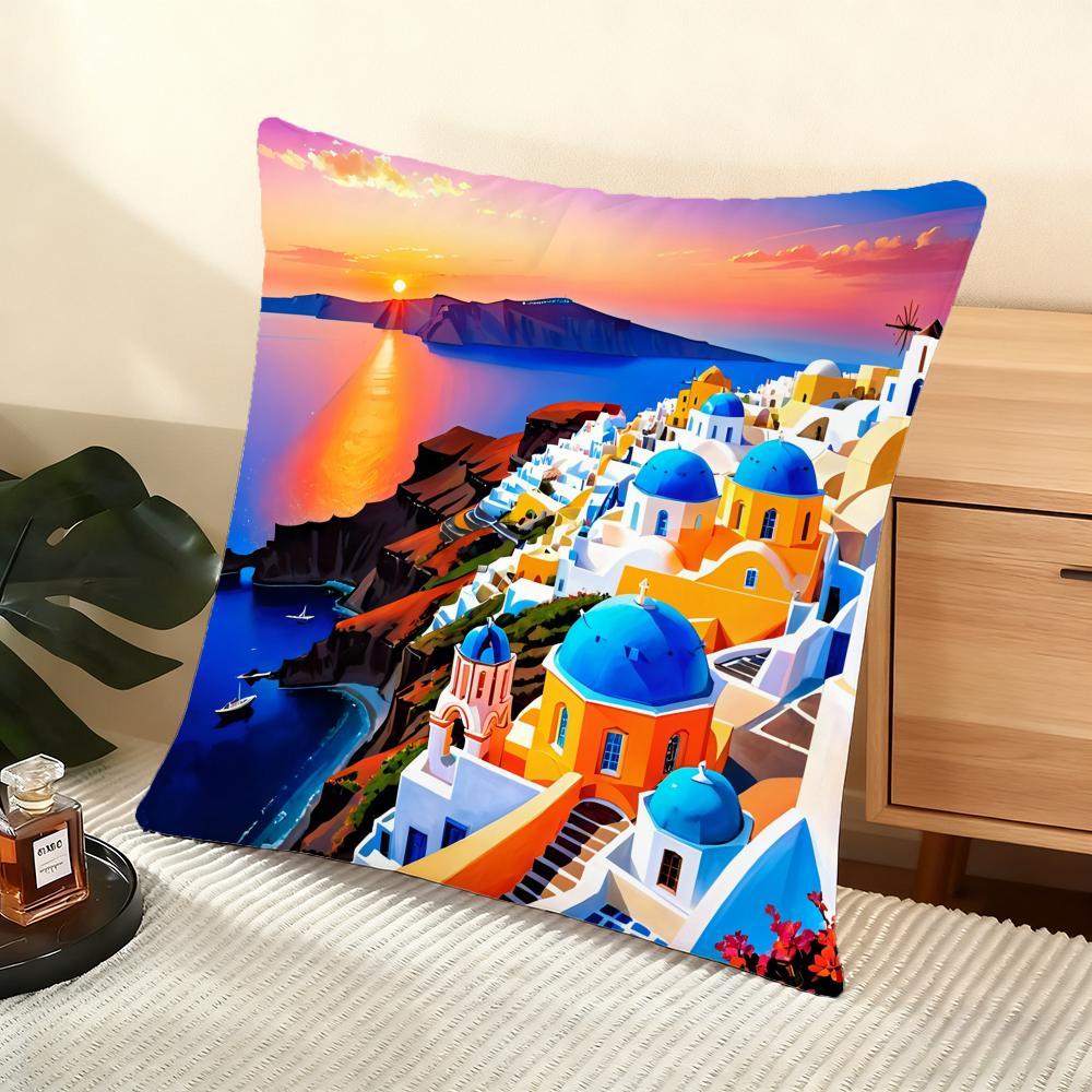 Santorini Landscape Cushion Cover Soft Short Plush Pillow Cover Smooth Cozy Texture Aesthetic Cushion Case Home Decor