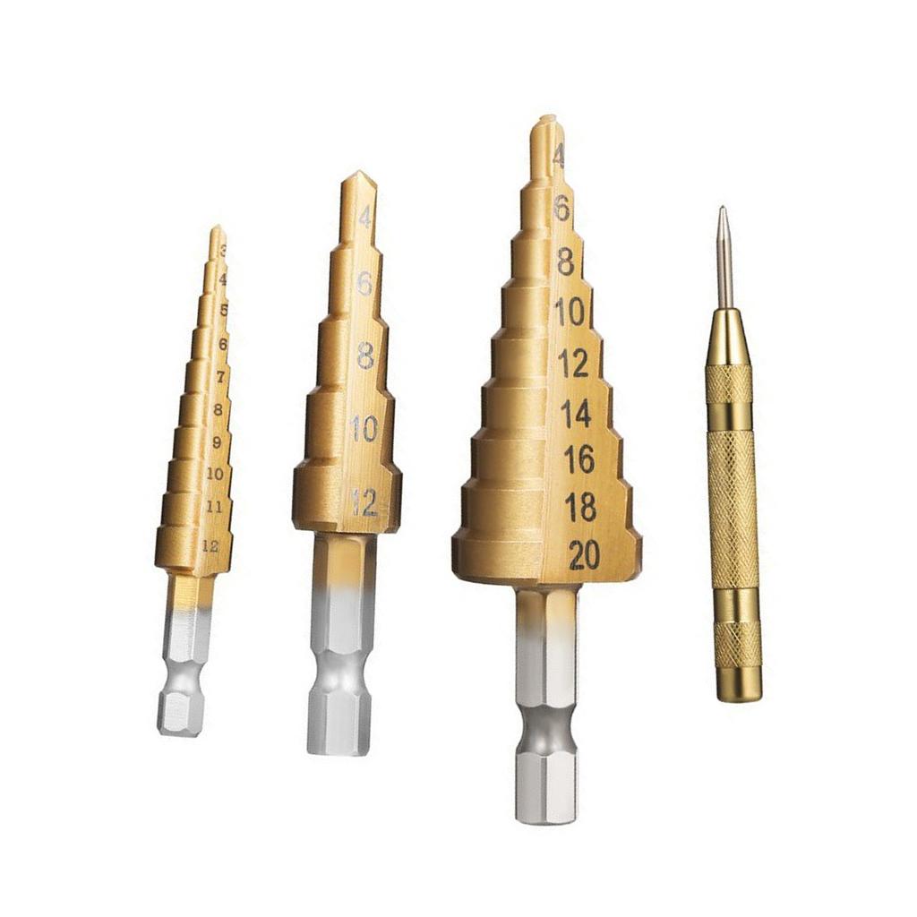 HSS 4PCS Titanium Step Drill Bit Set High Speed Steel Drill Bits Set with Automatic Center Punch