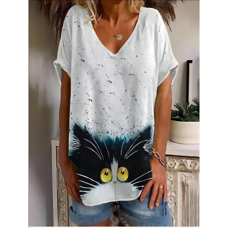 Nadměrné tričko Plus Size pro ženy: 3D rozkošná kočka, výstřih do V, letní módní streetwear, prodyšné, ležérní