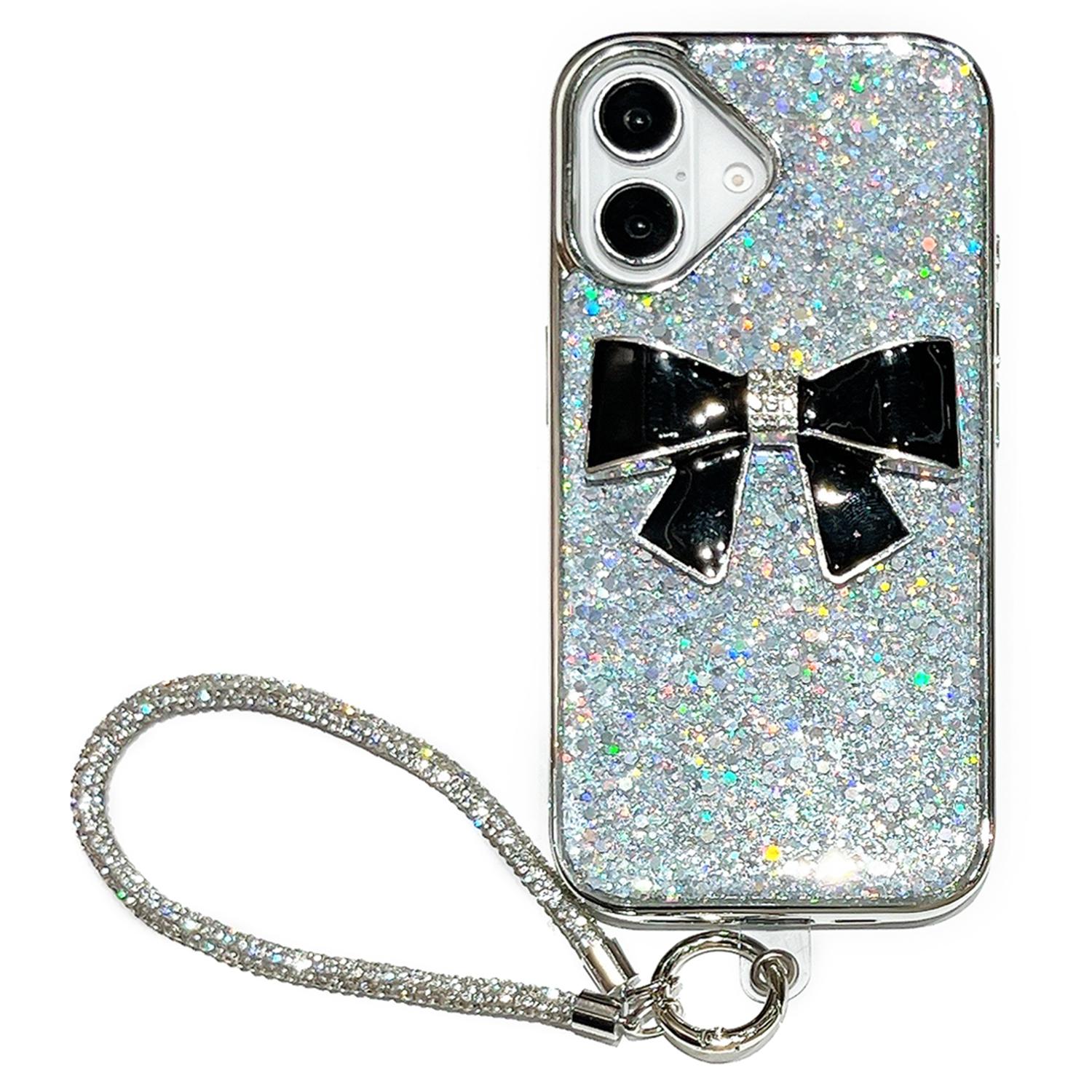 

Для iPhone 16 Чехол Большой Бант Гальванизированный Блестящий Эпоксидный Противоударный Чехол для Телефона со Шнурком Black