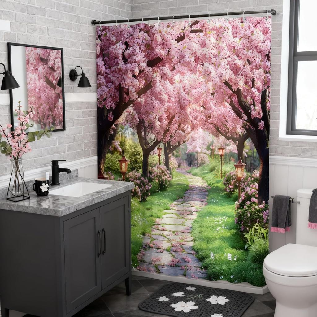 Tenda Doccia Floreale Rosa Stile Rustico Fiori di Ciliegio Fiori Rustici Paesaggio Naturale Fiorito Alberi del Parco Paesaggio Stradale Giardino