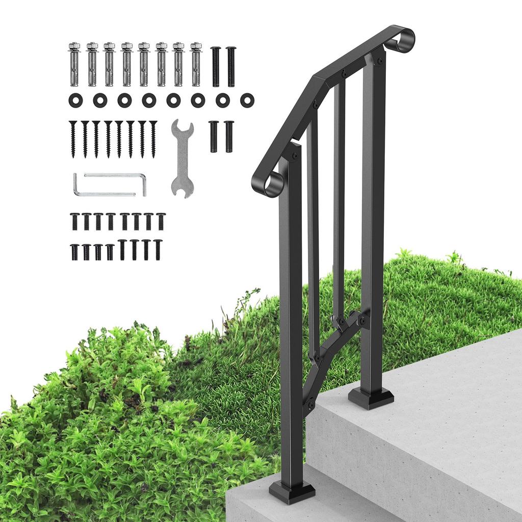 VEVOR Handrails for Outdoor Steps, 1-2 Step Stair Hand Rail Kit, Transitional Carbon Steel Railings with Installation Kit, Stair Rails for Seniors
