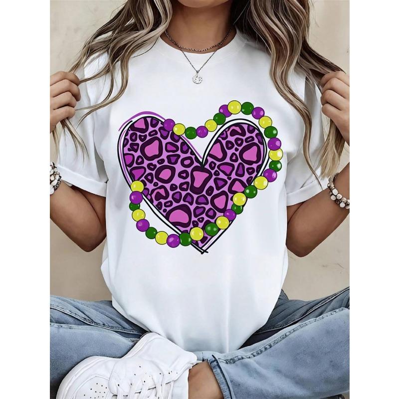 

Unisex European Size White Short Sleeve T-Shirt - Purple Leopard Heart, Anime, Colorful Bead, Crew Neck, Nontransparent, Casual, All Seasons 4XL