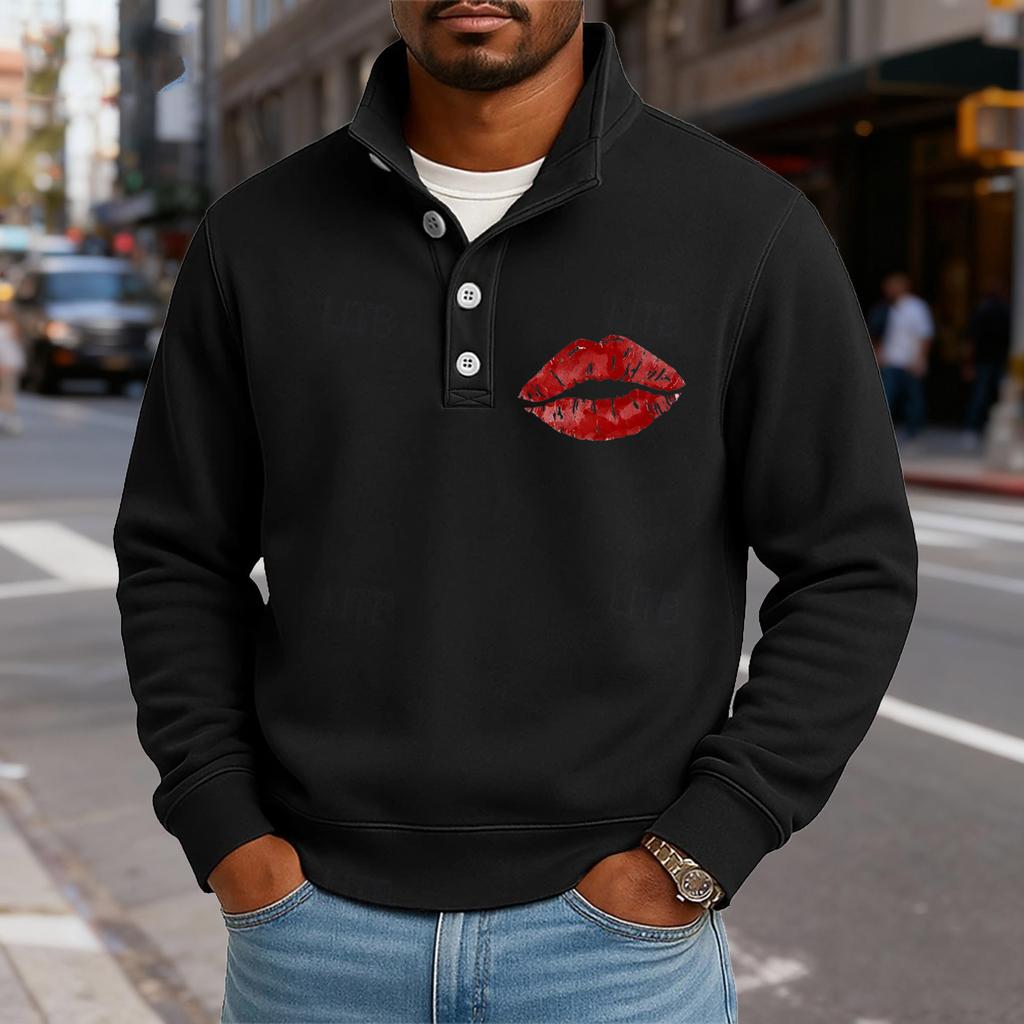 Men's Casual Stand-Up Collar Long-Sleeve Top Print Button-Down Sweatshirt