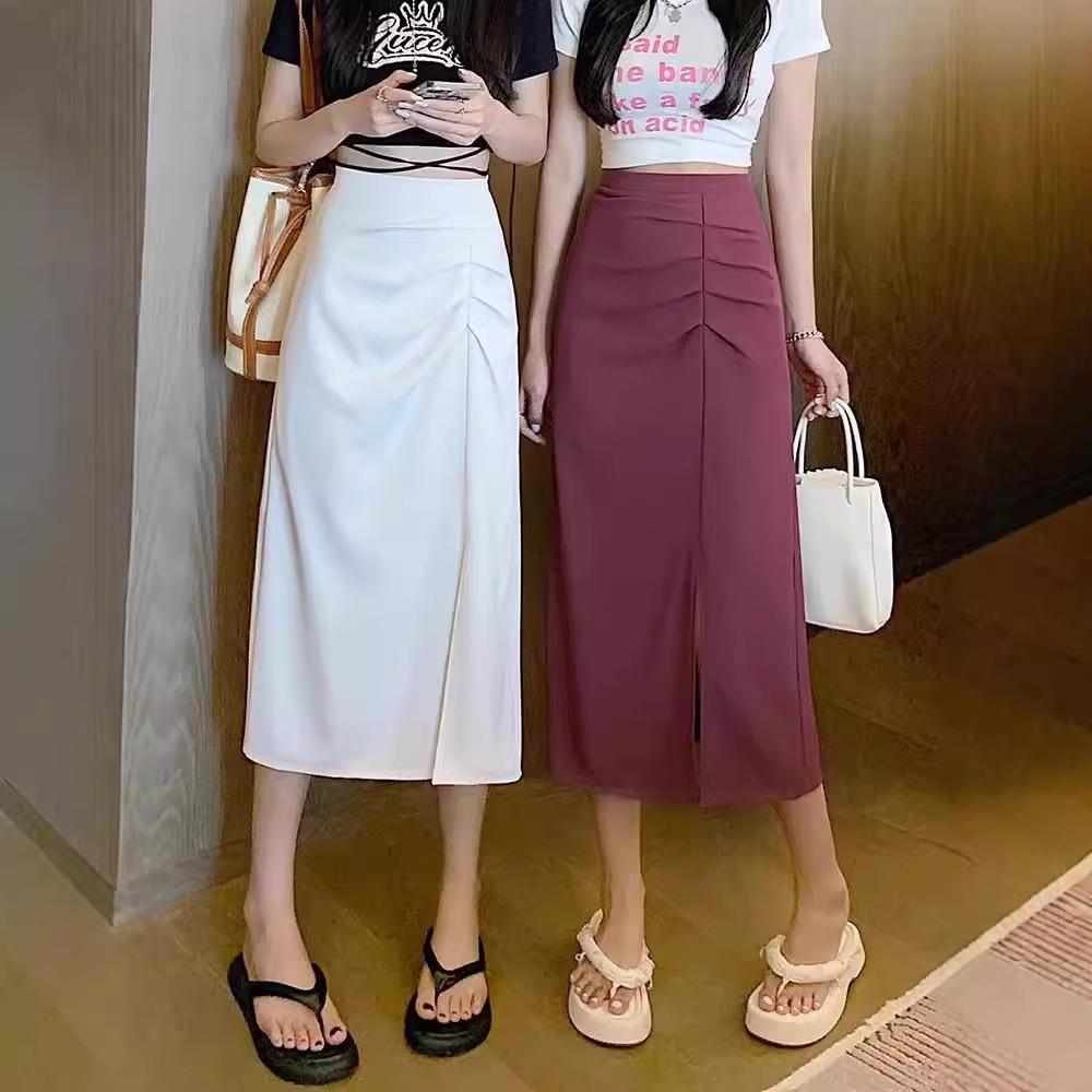 

Women s High-Waist Slim A-Line Spring Skirt with Slit L абрикосовий