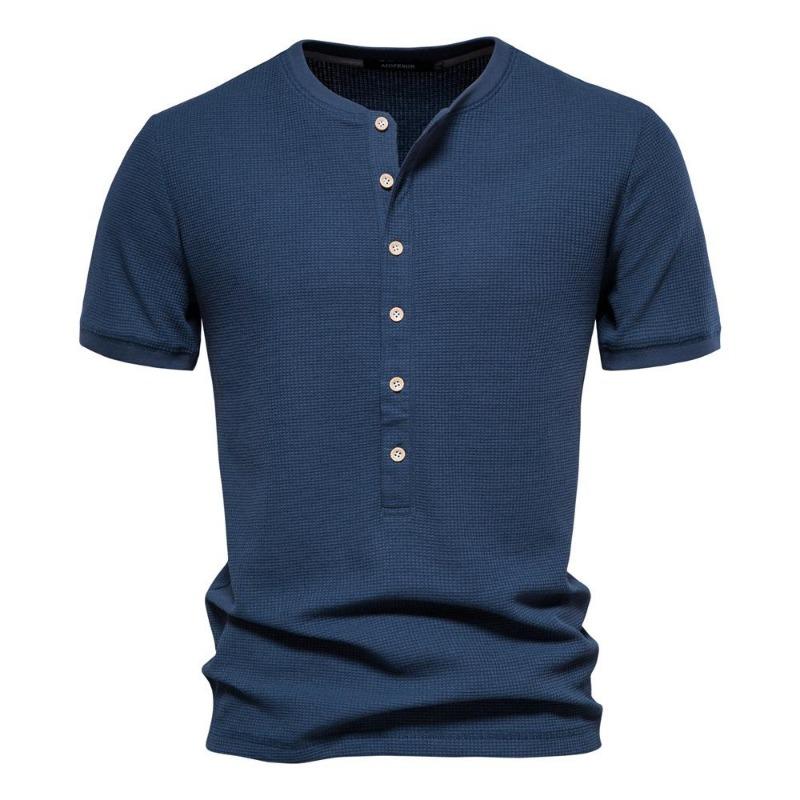 Cotton Solid Color Men's T-shirt Casual Short Sleeve Waffle Henley T-Shirt for Men New Summer Designer Tops Tee Male