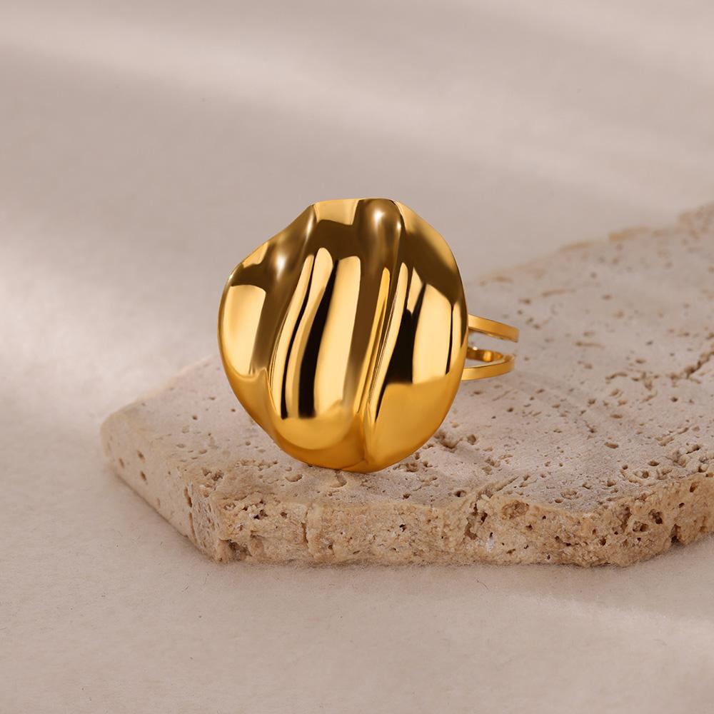 New Wave Button Shaped Stainless Steel Rings for Women Gold Color Open Adjustable Charm Ring Wedding Jewelry Party Accessories
