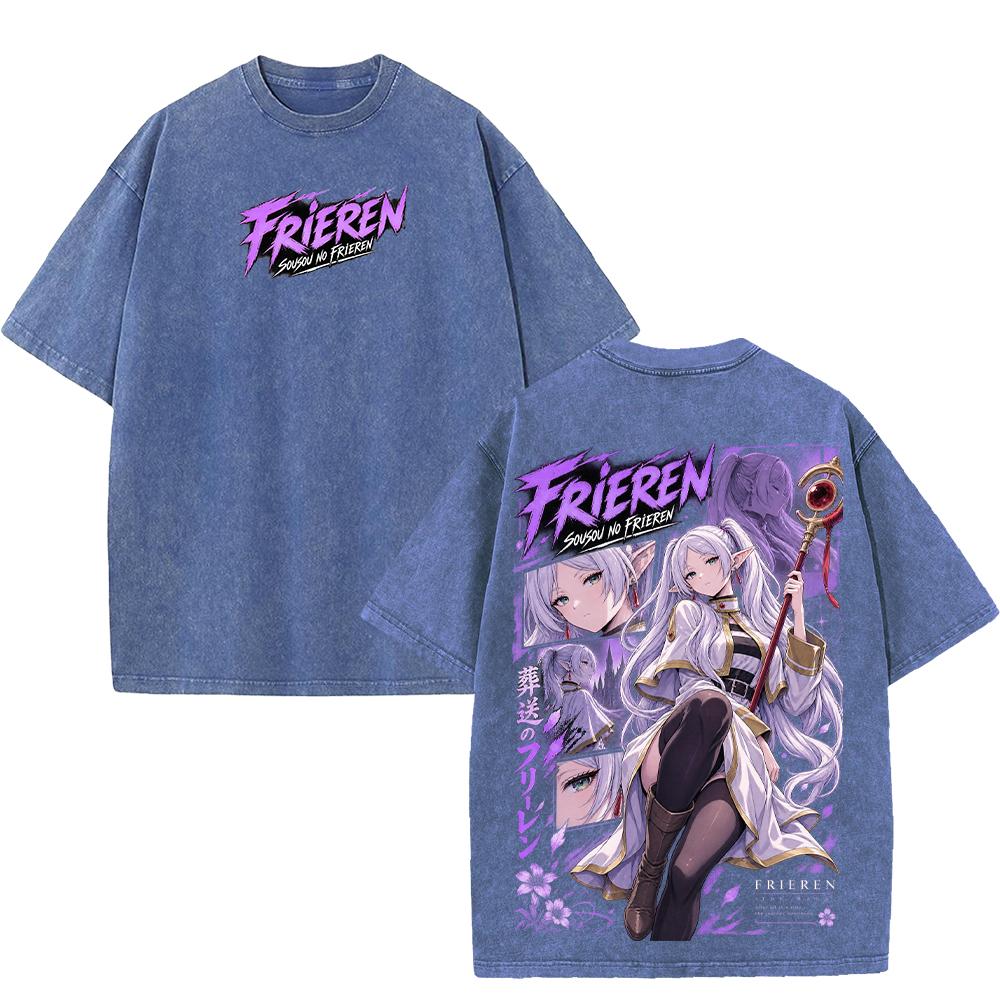 Frieren Anime Fashion Retro T Shirt Manga Harajuku Vintage Washed Streetwear Oversized 100% Cotton T-shirt Men Women Tees Tops