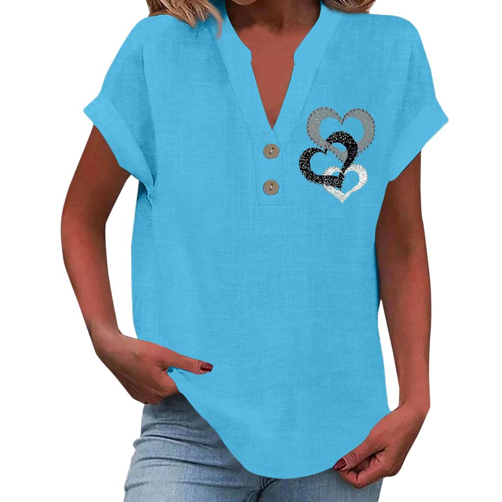 Ladies Casual Fashion V-Neck Button Floral Print Short Sleeve Top