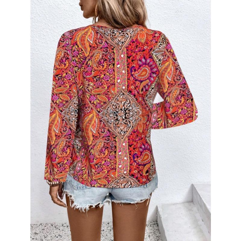 Women V Neck Boho Paisley Print Long Sleeve Blouse Multi Color Ethnic Loose Fit Summer Vacation Casual Top