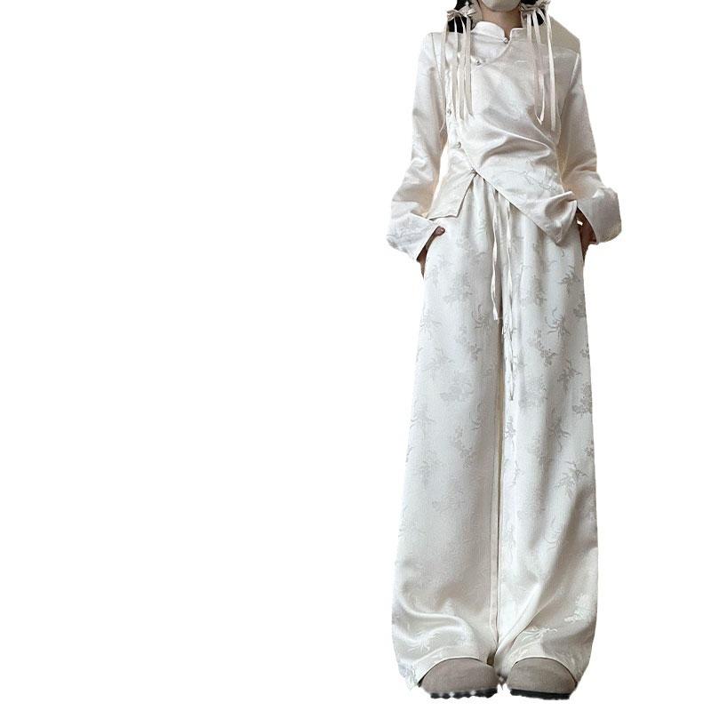 New Chinese Style Women's Jacquard Satin Wide Leg Pants - Spring Collection