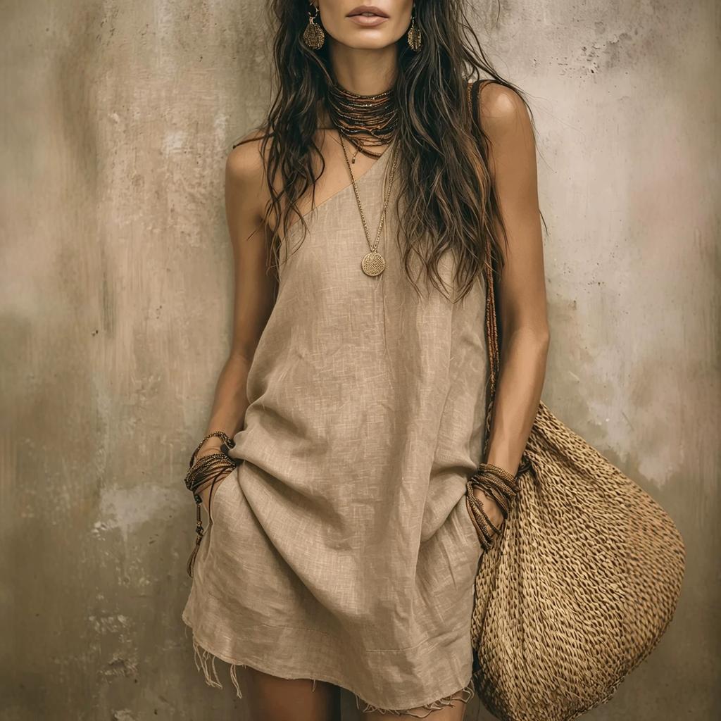 women's Solid Color Asymmetric One Shoulder Linen Texture Loose Pocket Short Mini Vacation Dress