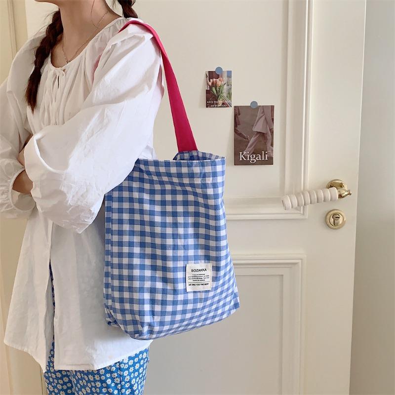 Canvas bag women's new contrasting color plaid shoulder bag college student literary commuter tote bag