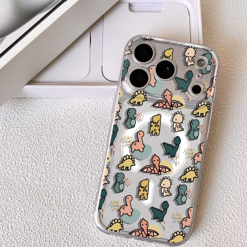 Cartoon Dinosaurs Cute Phone Case For iPhone 17 16 15 14 13 12 Pro Max Plus With Magnetic Crystal Clear Case Wireless Charge