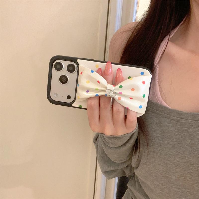 Cute Rainbow Polka Dot Bow Phone Case For iPhone 17 Pro 16 15 14 Pro Max with Heart Pendant Leather Shockproof 16 17 15pro Cover