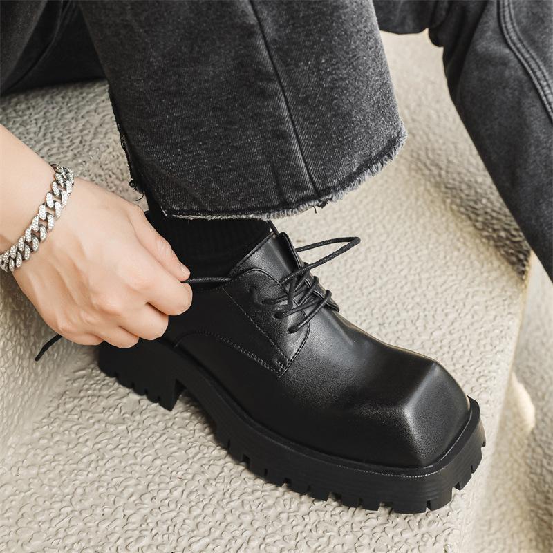 Crossed head niche leather shoes men's Paris platform heightening versatile British Derby hairstylist square head tide shoes 58866-J