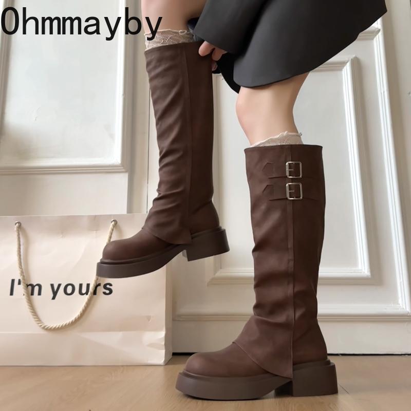 Winter Woman Knigth Knee-High Boots Street Style Thick Sole Belt Buckle Slip On Shoes Vintage Long Booties  De Muje