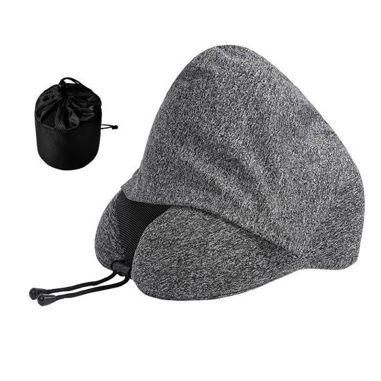 Travel Neck Pillow with Hood Memory Foam U-shaped Pillow with Adjustable Drawstring Breathable Neck Cushion for Airplane Car Long Flights Road Trips