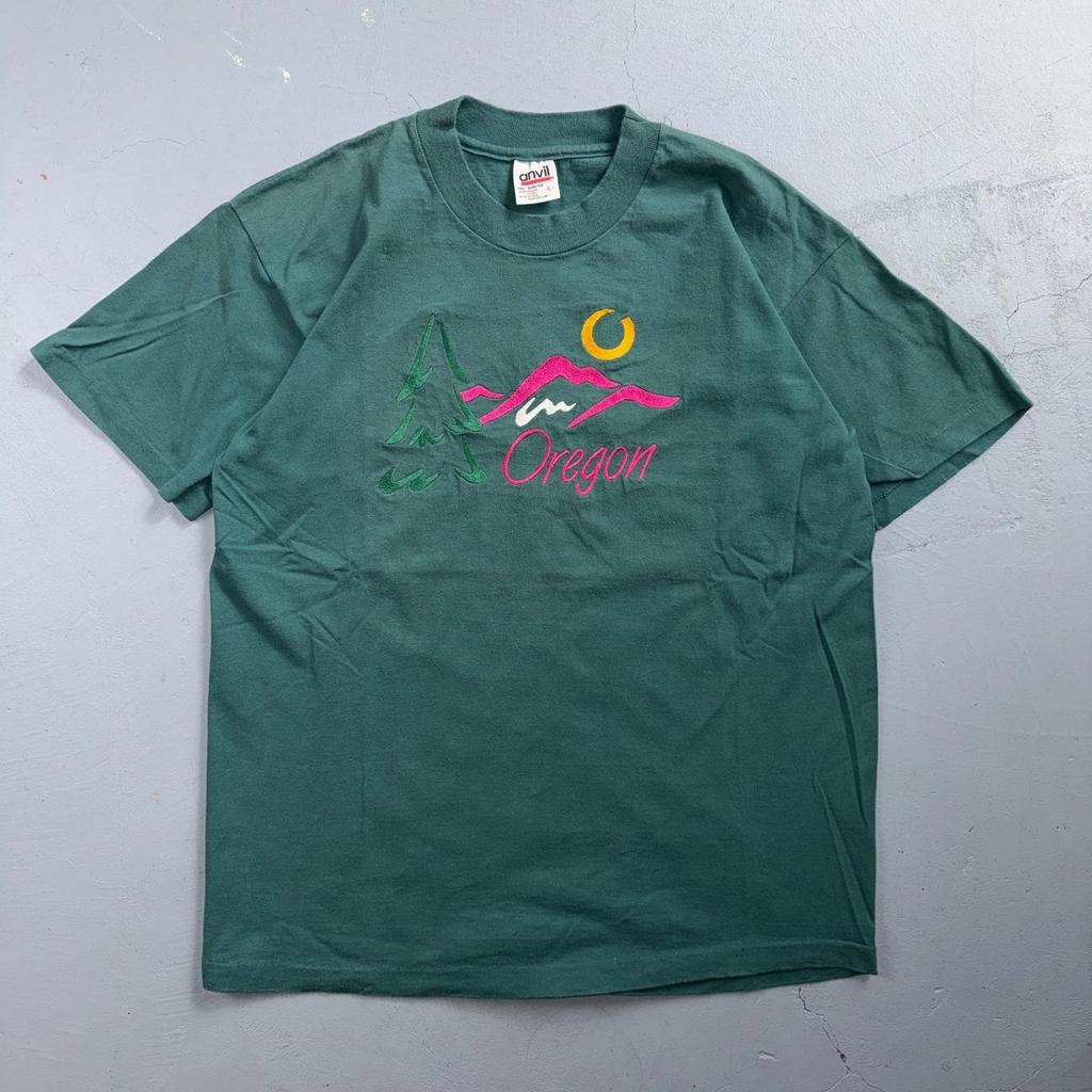 Oregon Anvil 90s VTG T Shirt Single Stitch Green Embroidery USA Trees Mountain