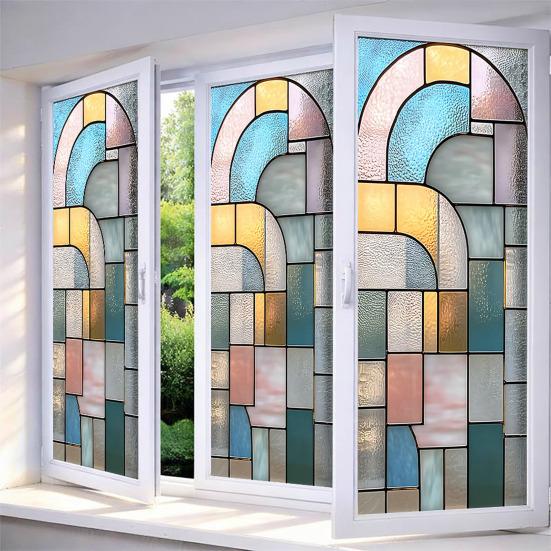 Geometric Window Privacy Film Stained Glass Style Privacy Protection Film Frosted Static Cling Waterproof Privacy Film for Bathroom Bedroom Kitchen