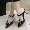 Fashion 2025 New Sexy Hollow Shoes High Heels Women's Shoes Shallow Cut Pointy Rhinestone Bow Belt Sandals Stripper Fallow Woman Pumps