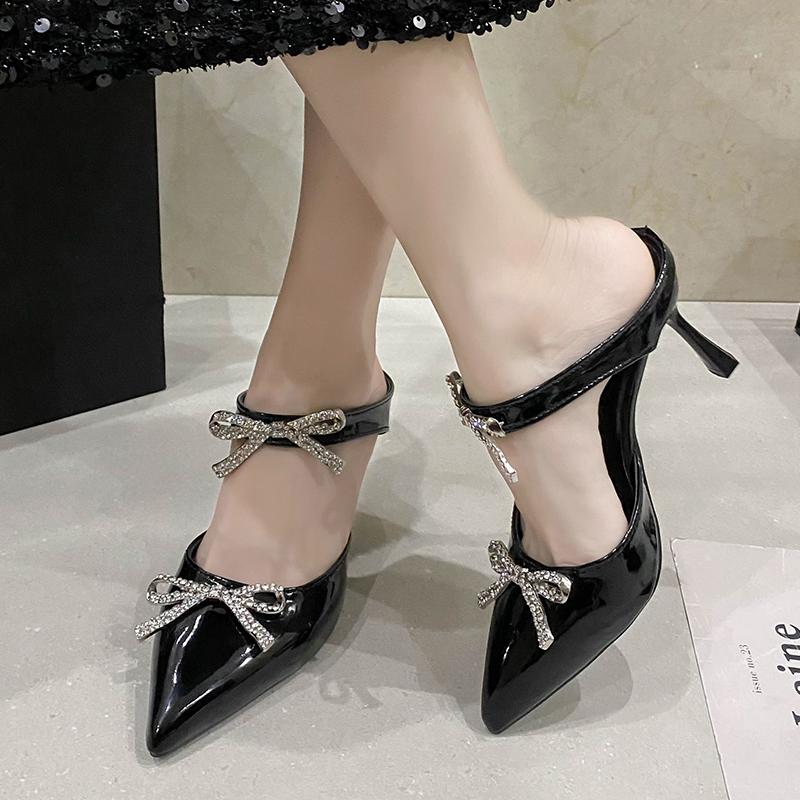 Fashion 2025 New Sexy Hollow Shoes High Heels Women's Shoes Shallow Cut Pointy Rhinestone Bow Belt Sandals Stripper Fallow Woman Pumps