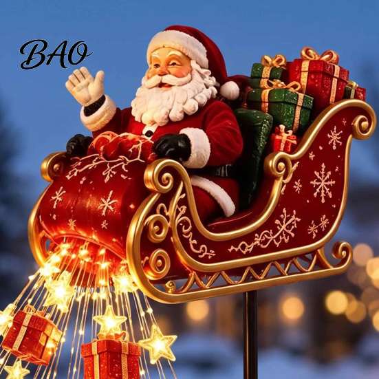 Winter Outdoor Courtyard Decorations Santa Sleigh Figurine Light, Solar Powered Christmas Garden Stake Claus Light Pouring Gifts Stars for Yard